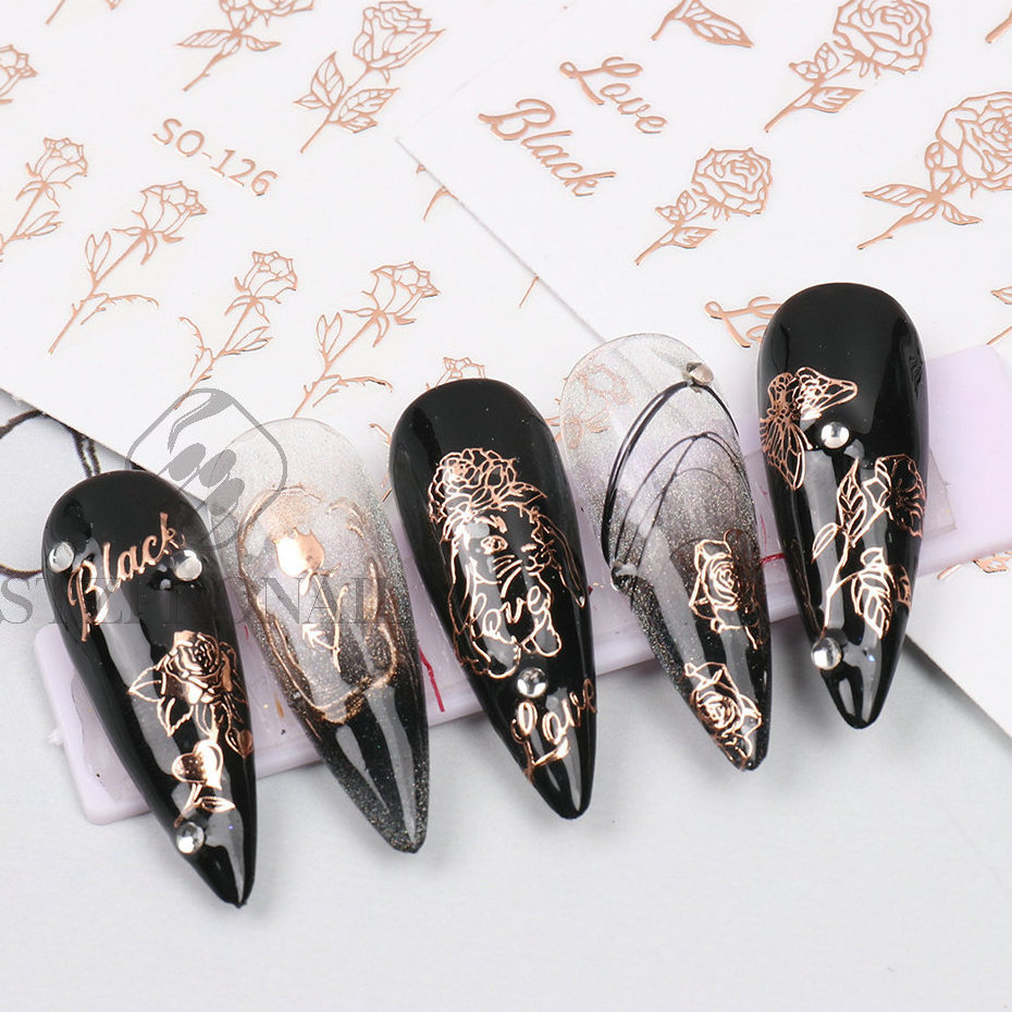 Metallic Laser Gold Silver Rose Flower Butterfly Heart Nail Stickers Rose Floral Decals Valentine's Day 3D Nail Art Sticker