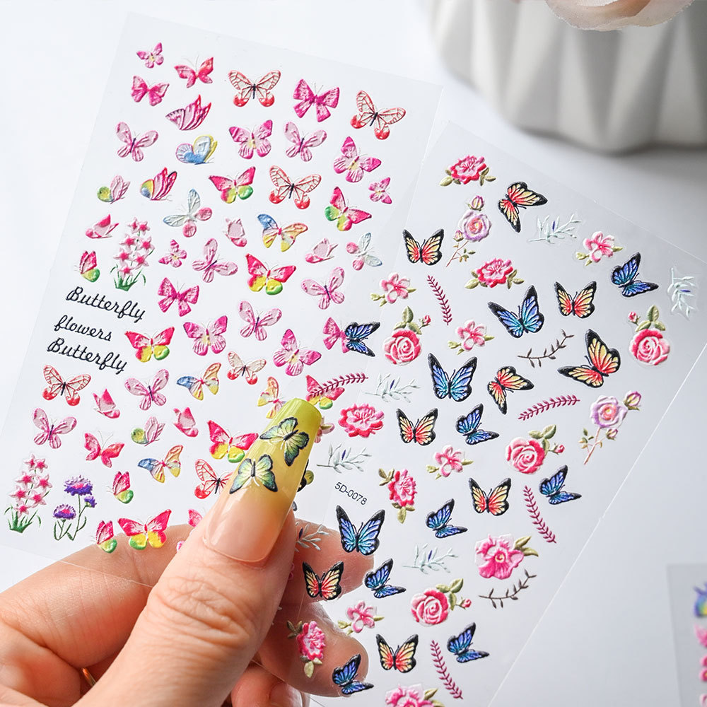 Colorful Butterfly Flowers Design Nail Sticker 5D Relief Butterfly Engraved Custom Logo Self-Adhesive Nail Transfer Sliders