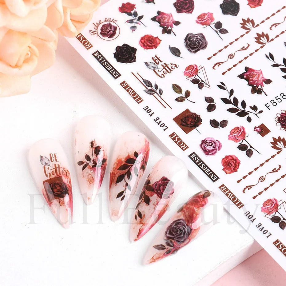 1PCS Rose Nail Adhesive Sticker Blue Butterfly 3D Flowers Slider Wedding Nail Art Decorations Foil Manicure Accessories