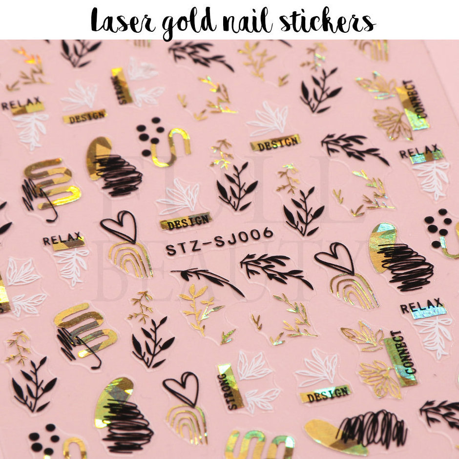 Gold Laser Spring Leaf 3D Nail Sticker leopard rose flower Pattern Adhesive Abstract Face Summer Beach Sticker Shiny nail decal