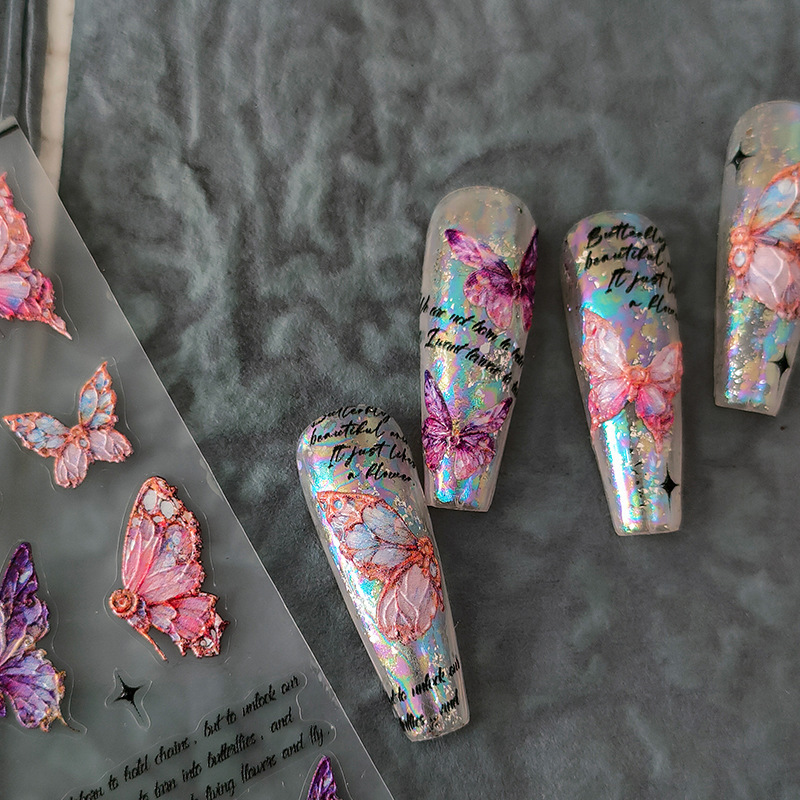 5D Realistic Relief Beautiful Flowery Pink Peach Blossom Butterfly Adsheisve Nail Art Stickers Decals Manicure Charms