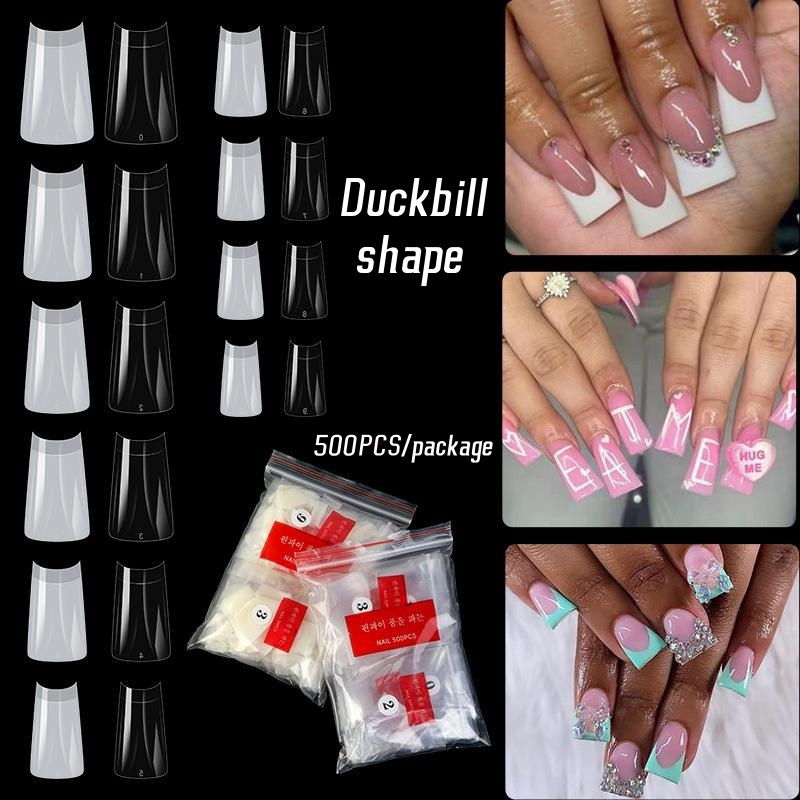 500PCS Duckbill Shape Acrylic False Nail Tips Wide French Half Cover Gel Extension Fake Nails Natural/Clear Manicure Supplies