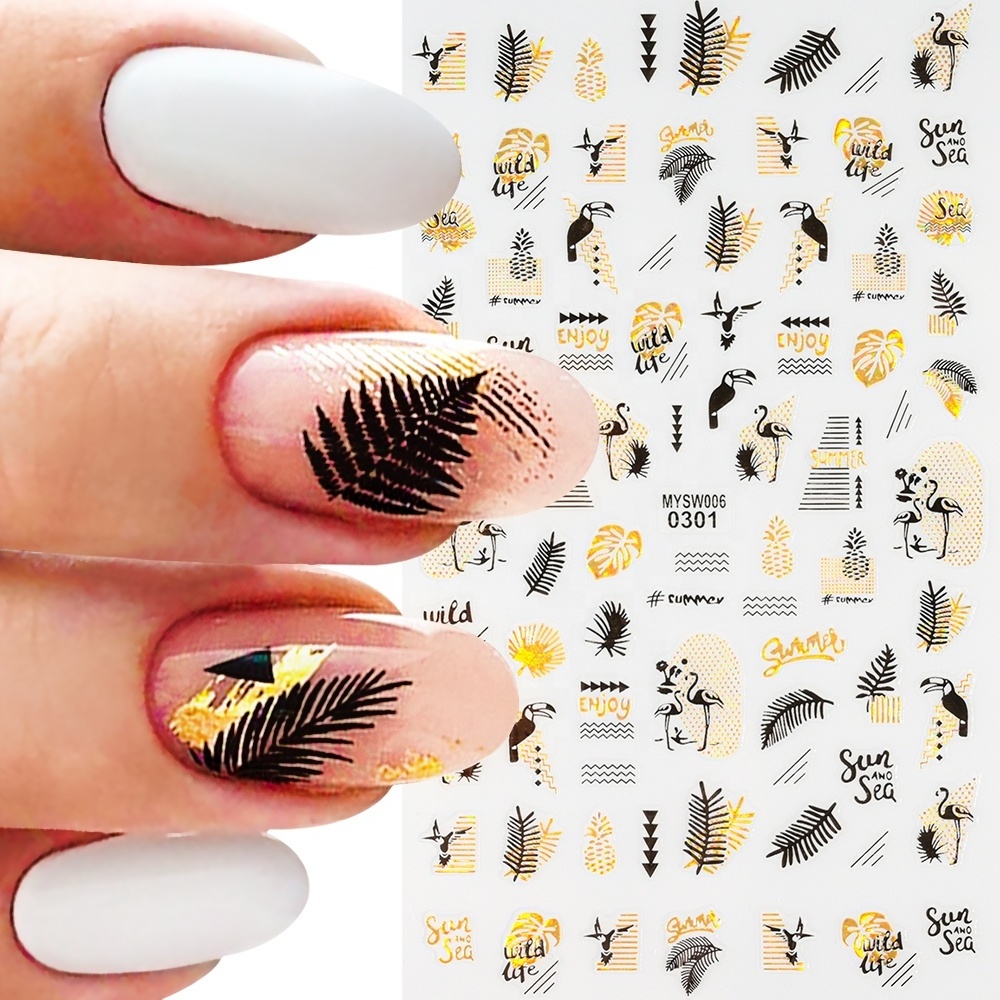 10pcs/Set Summer Beach Ocean Series Nail Sticker Laser Silver Gold Coconut Tree Palm Leaves Flower Sliders Manicure Nail Decals