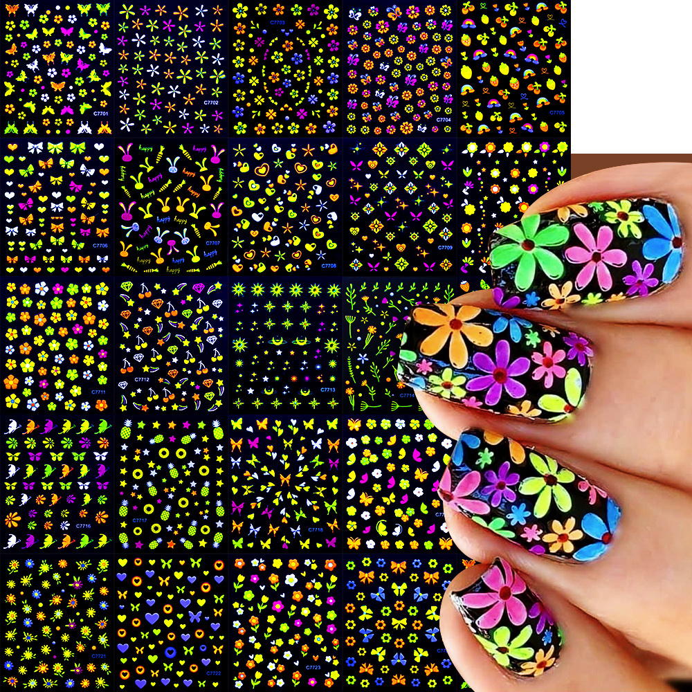 24Pcs/set Fluorescent Mini Daisy 3D Stickers 6.5*5.5cm Colorful Flowers Nail Stickers DIY Self-Adhesive Flowers Manicure Slider