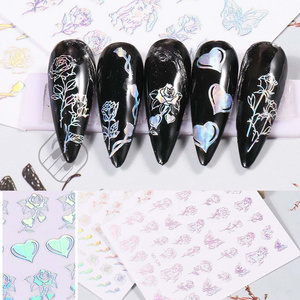 Metallic Laser Gold Silver Rose Flower Butterfly Heart Nail Stickers Rose Floral Decals Valentine's Day 3D Nail Art Sticker