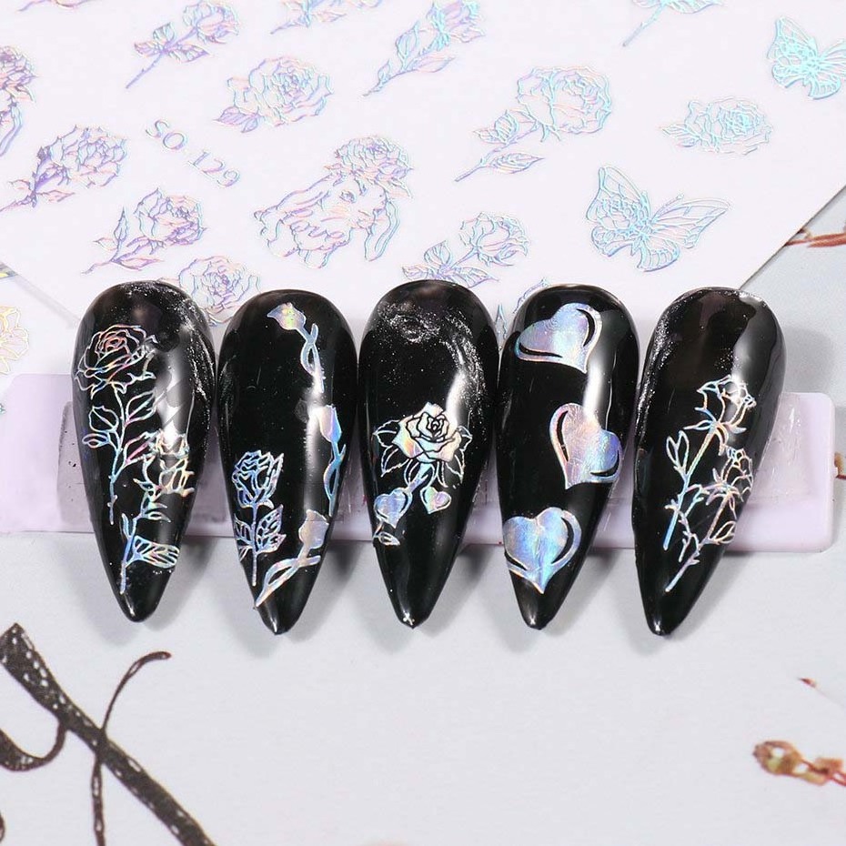 Metallic Laser Gold Silver Rose Flower Butterfly Heart Nail Stickers Rose Floral Decals Valentine's Day 3D Nail Art Sticker