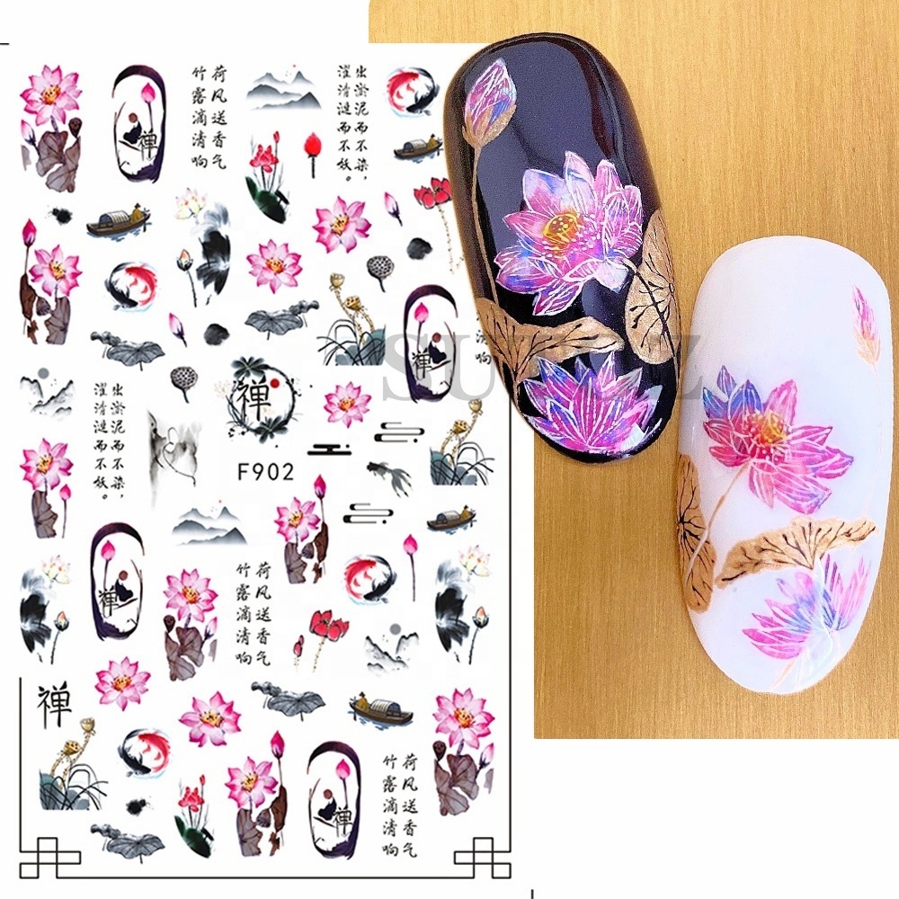 Chinese Style Peking Opera Nail Art Sticker 3D Bamboo Flower Character Decals Unique Chinese Poetry Calligraphy Design Manicure