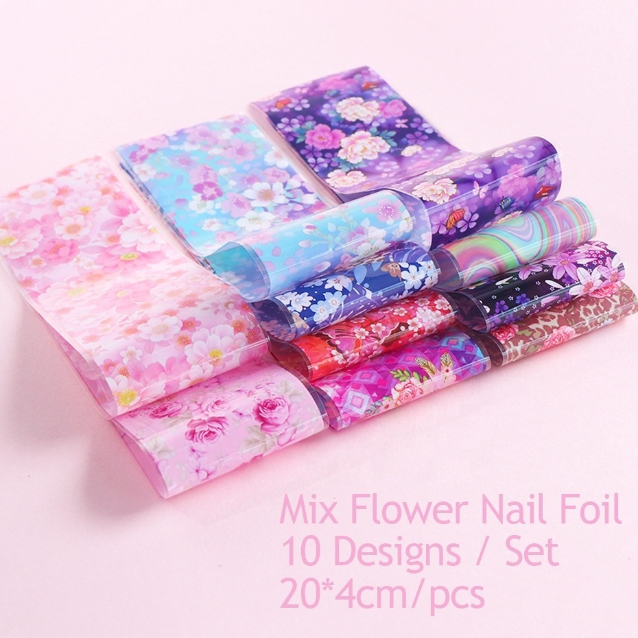 10pcs Colorful Flowers Print Stickers On Nails Foils Starry Sky Wraps Transfer Decals For Manicure Nail Art Decorations ZYXK1008