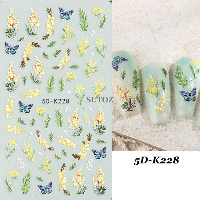 5D Embossed Flower Colorful Nail Stickers Simple DIY Wildflower Sliders Sunflower Daisy Spring Engraved Art Manicure Decals