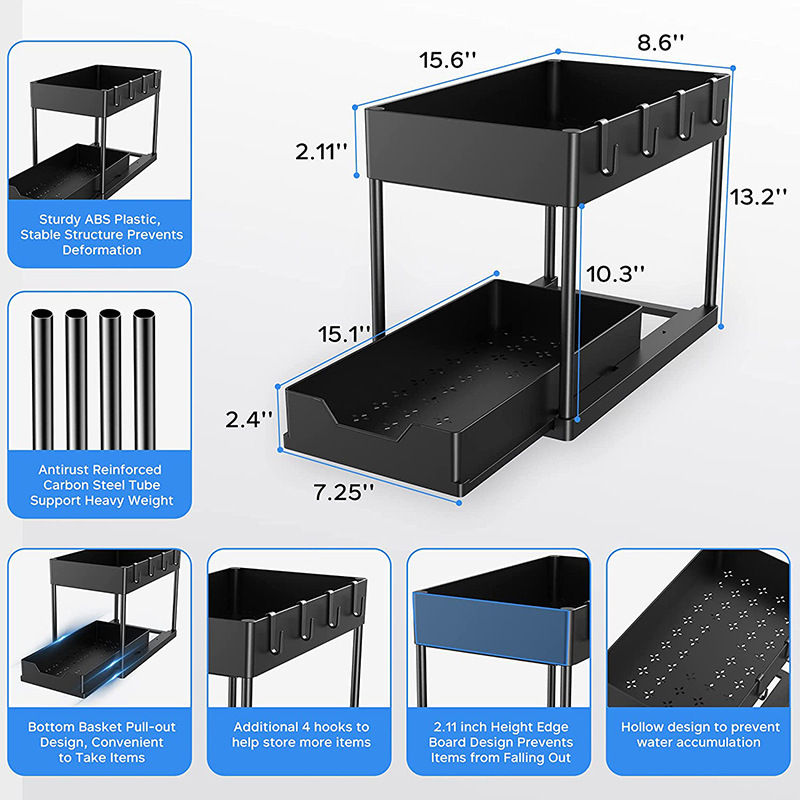 Helpful Kitchen Storage Shelf Detachable Seasoning Organizer Large Capacity 2 Tier Sliding Bathroom Organizer Storage