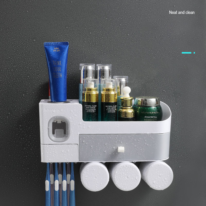 Punch-free Bathroom Storage Set Plastic Adhesive Wall Mounted Toothbrush Holder Automatic Toothpaste Dispenser