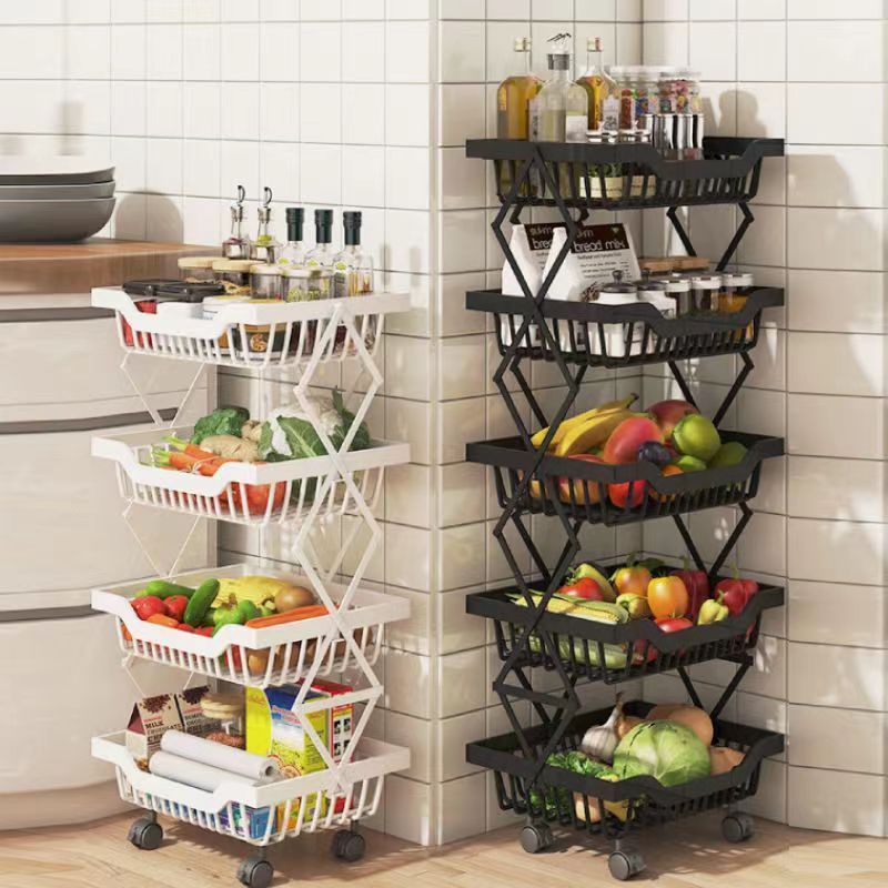 Floor-Mounted Mobile Storage Rack Folding Vegetable Fruit Multi-layer Kitchen Rack Basket Shelf with Moving Rollers