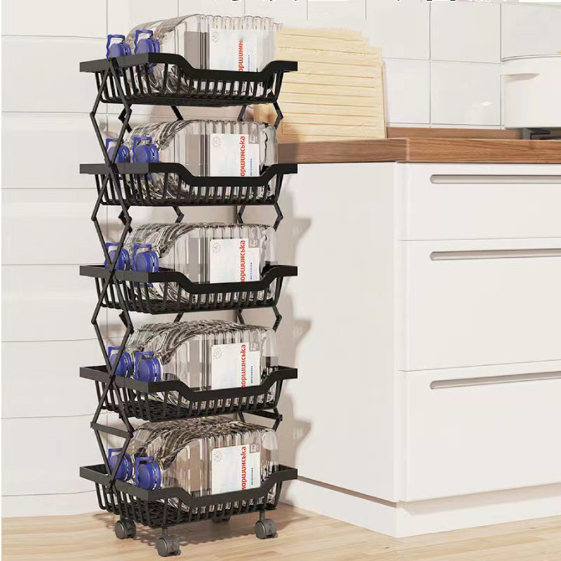 Floor-Mounted Mobile Storage Rack Folding Vegetable Fruit Multi-layer Kitchen Rack Basket Shelf with Moving Rollers