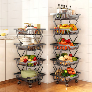 Floor-Mounted Mobile Storage Rack Folding Vegetable Fruit Multi-layer Kitchen Rack Basket Shelf with Moving Rollers