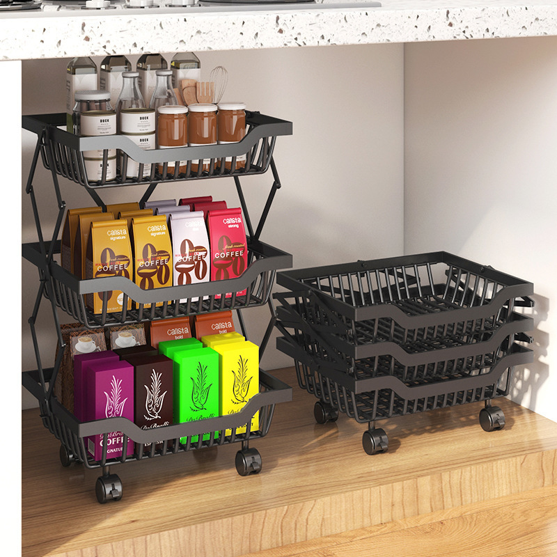 Floor-Mounted Mobile Storage Rack Folding Vegetable Fruit Multi-layer Kitchen Rack Basket Shelf with Moving Rollers