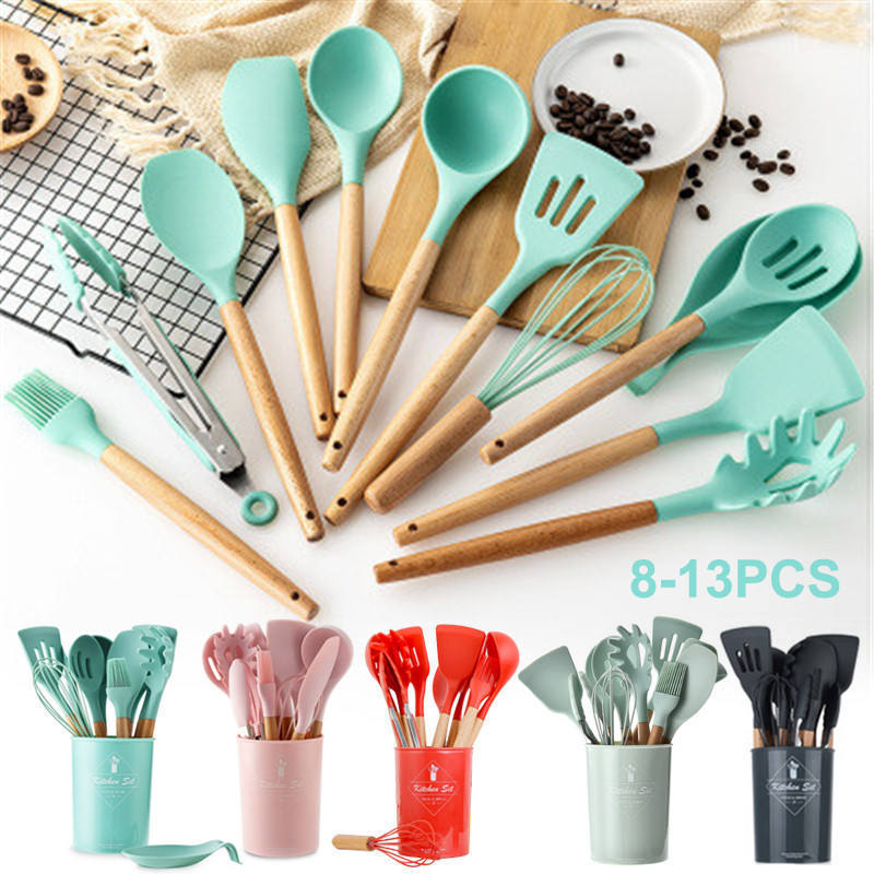 Wholesale Cooking Non-stick Heat Resistant Wooden 11 12pcs Silicone Kitchen Utensils