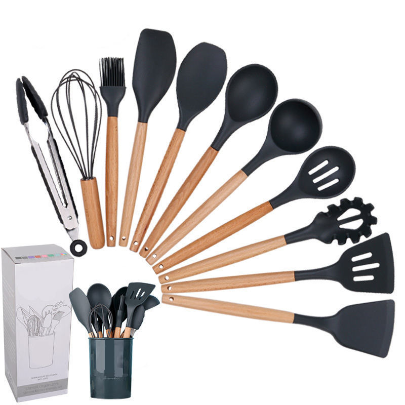 Wholesale Cooking Non-stick Heat Resistant Wooden 11 12pcs Silicone Kitchen Utensils