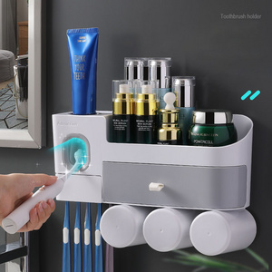 Punch-free Bathroom Storage Set Plastic Adhesive Wall Mounted Toothbrush Holder Automatic Toothpaste Dispenser