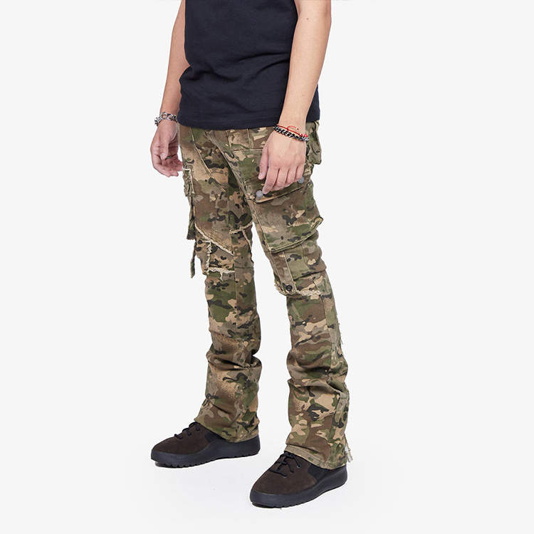 DiZNEW custom logo Camo Denim Pants Camouflage Colored Cargo Pocket Jeans Men Custom Stacked Jeans