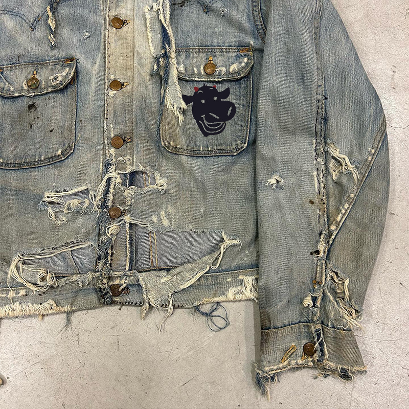 DIZNEW factory manufacture acid wash faded print denim jeans jacket for men wholesale custom contrast color jacket vintage