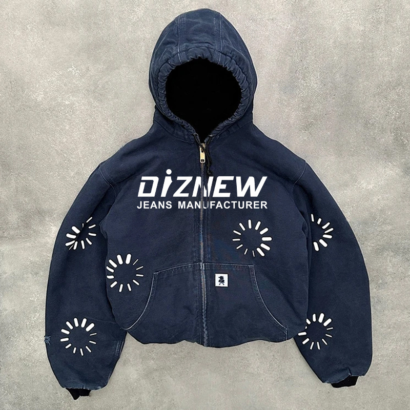 DiZNEW Custom heavyweight duck canvas work jacket with hooded zipper up printed logo distressed crop top bomber jacket men