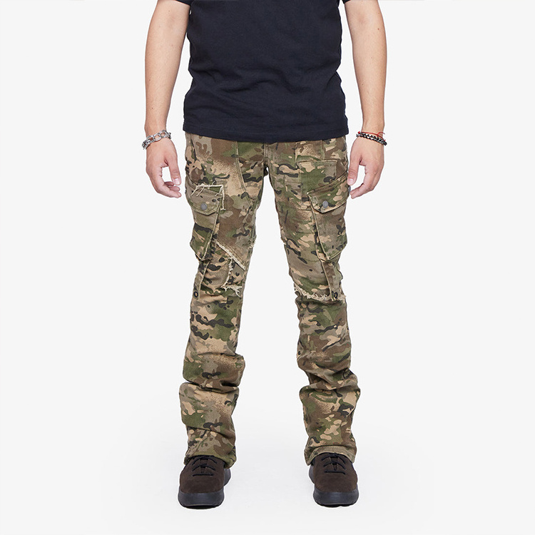 DiZNEW custom logo Camo Denim Pants Camouflage Colored Cargo Pocket Jeans Men Custom Stacked Jeans