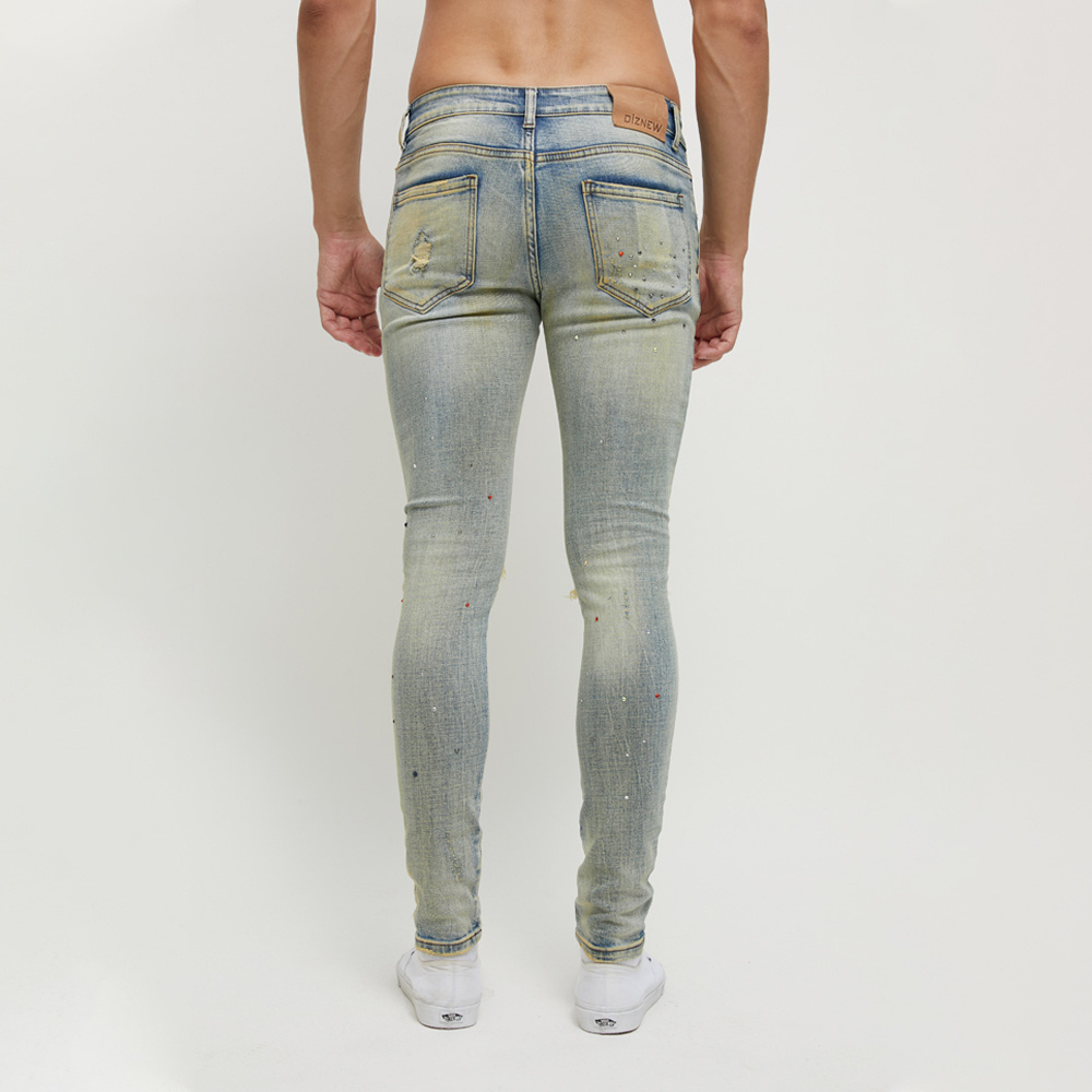 DiZNEW OEM heavy washed distressed rhinestones jeans with hole patches men jeans trousers