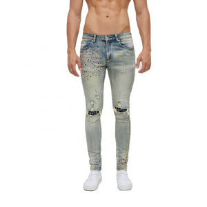 DiZNEW OEM heavy washed distressed rhinestones jeans with hole patches men jeans trousers