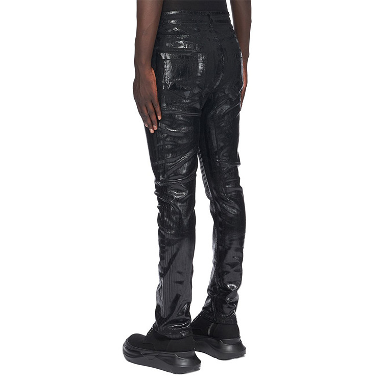 DiZNEW Mens Custom Logo Black Waxxed Slim Skinny Wax Denim Waxed Coated Stacked Jeans Men