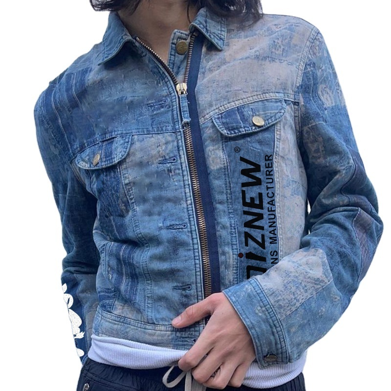 DiZNEW Plus Size Men's Denim Jacket Blue Washed Custom Design Bulk Wholesale New Fashion