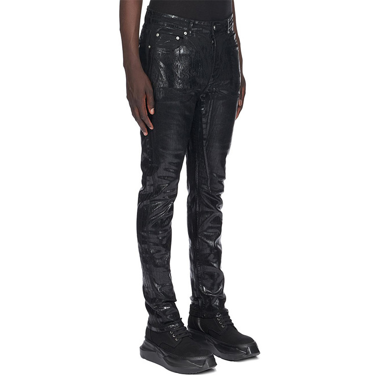 DiZNEW Mens Custom Logo Black Waxxed Slim Skinny Wax Denim Waxed Coated Stacked Jeans Men