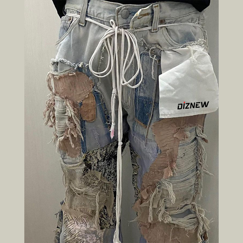 DiZNEW design streetwear ripped patch catwhiskers jeans Modern men's American beggar style patchwork flared pants manufacturer