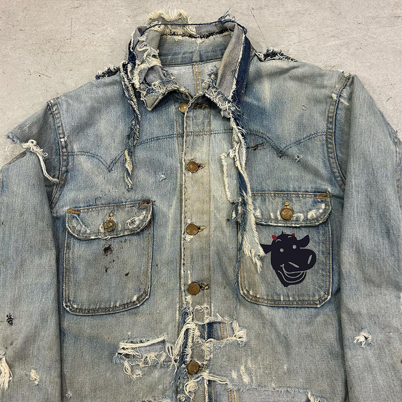 DIZNEW factory manufacture acid wash faded print denim jeans jacket for men wholesale custom contrast color jacket vintage