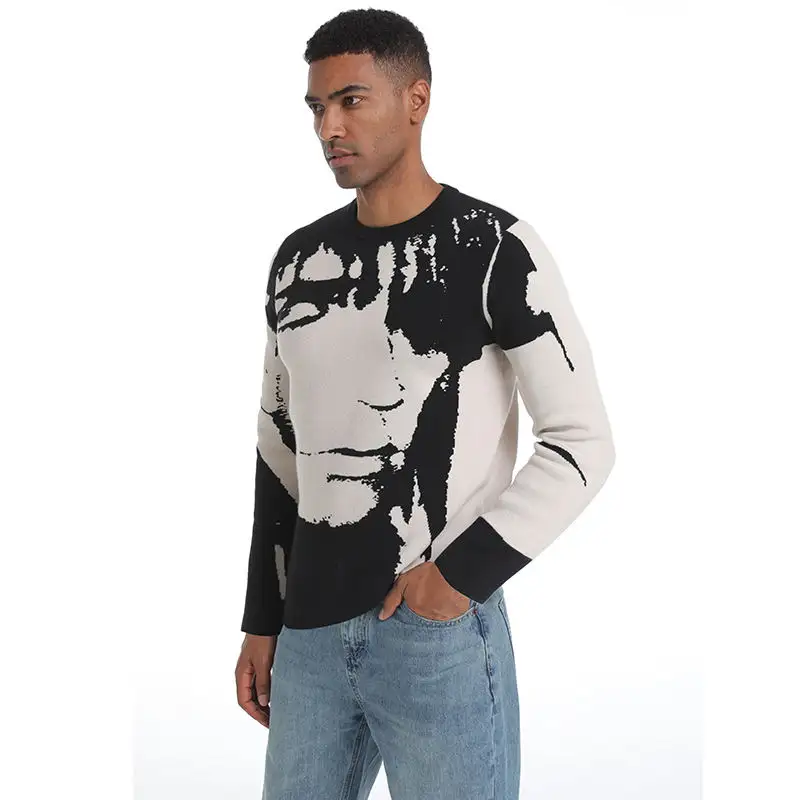 DiZNEW Sweater Manufacturer Thick Intarsia Pattern Knit Jacquard Sweater Men