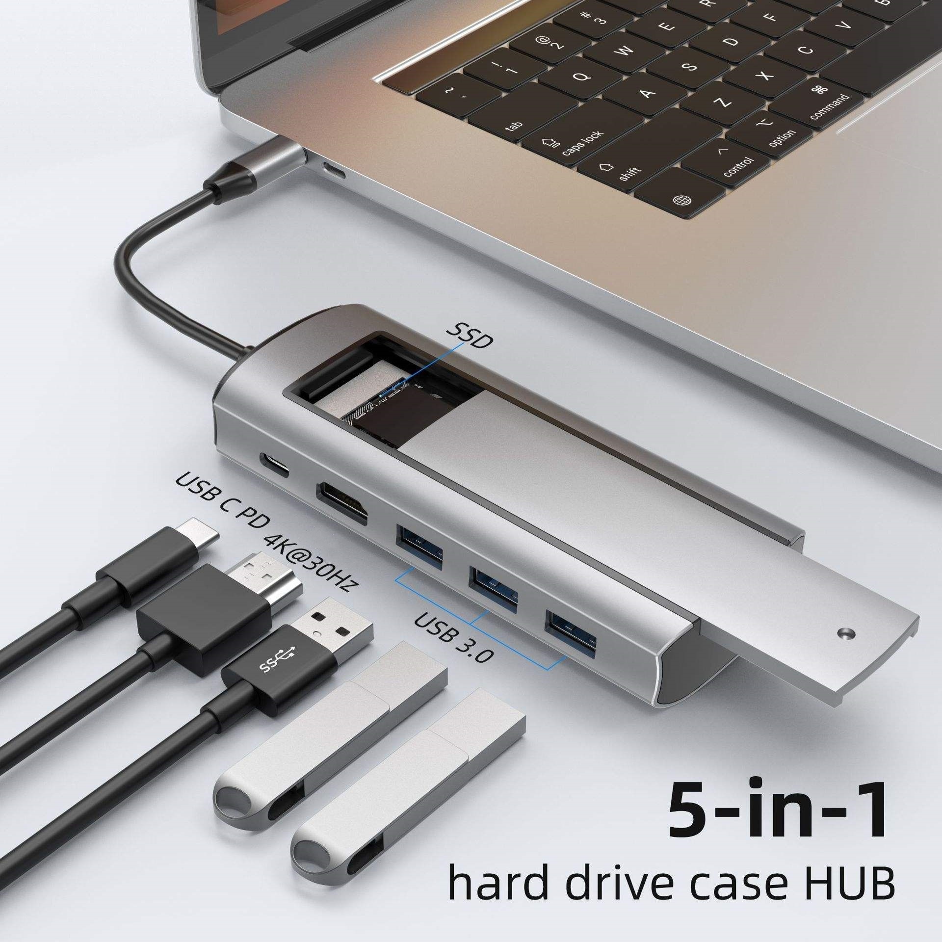 USB C HUB Type-C To USB Adapter 5 in 1 Docking Station M.2 SSD NVMe SATA Case 4K 60Hz HDTV PD 100W USB 3.0 Splitter