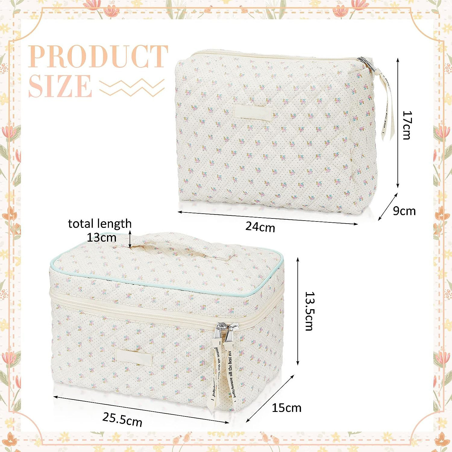 New Fashion Trend Soft 2pcs Makeup Cosmetics Pouch Quilted Travel Toiletry Bag Cotton Puffy Cosmetic Bag