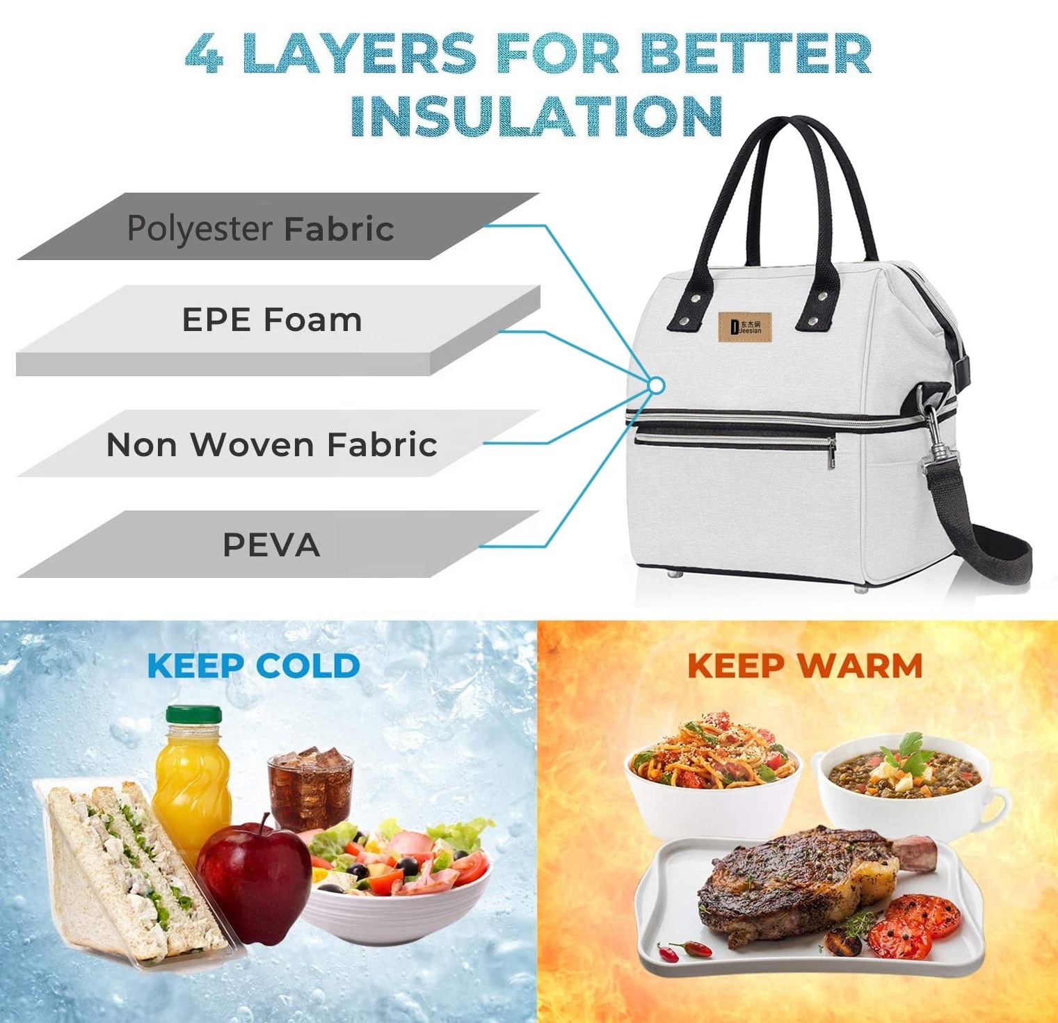 Portable Double Layer Cooler Bag Collapsible Custom Printed Large Size Cooler Lunch Tote Bag Ice Bags for Outdoor Travel Picnic