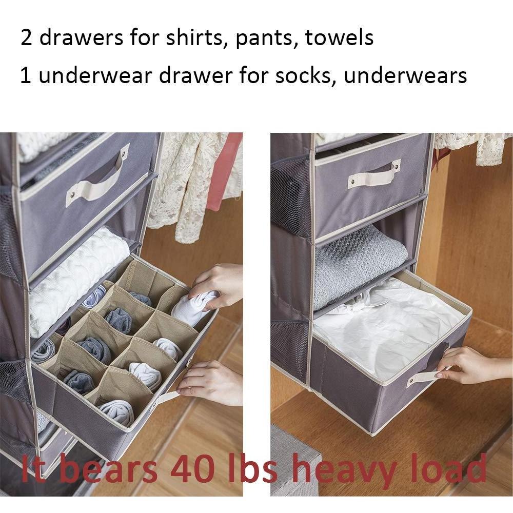 Hanging Closet Organizer with 2 Drawers and 1 Underwear Drawer Foldable Closet Hanging Shelves Hanging Clothes Storage Box