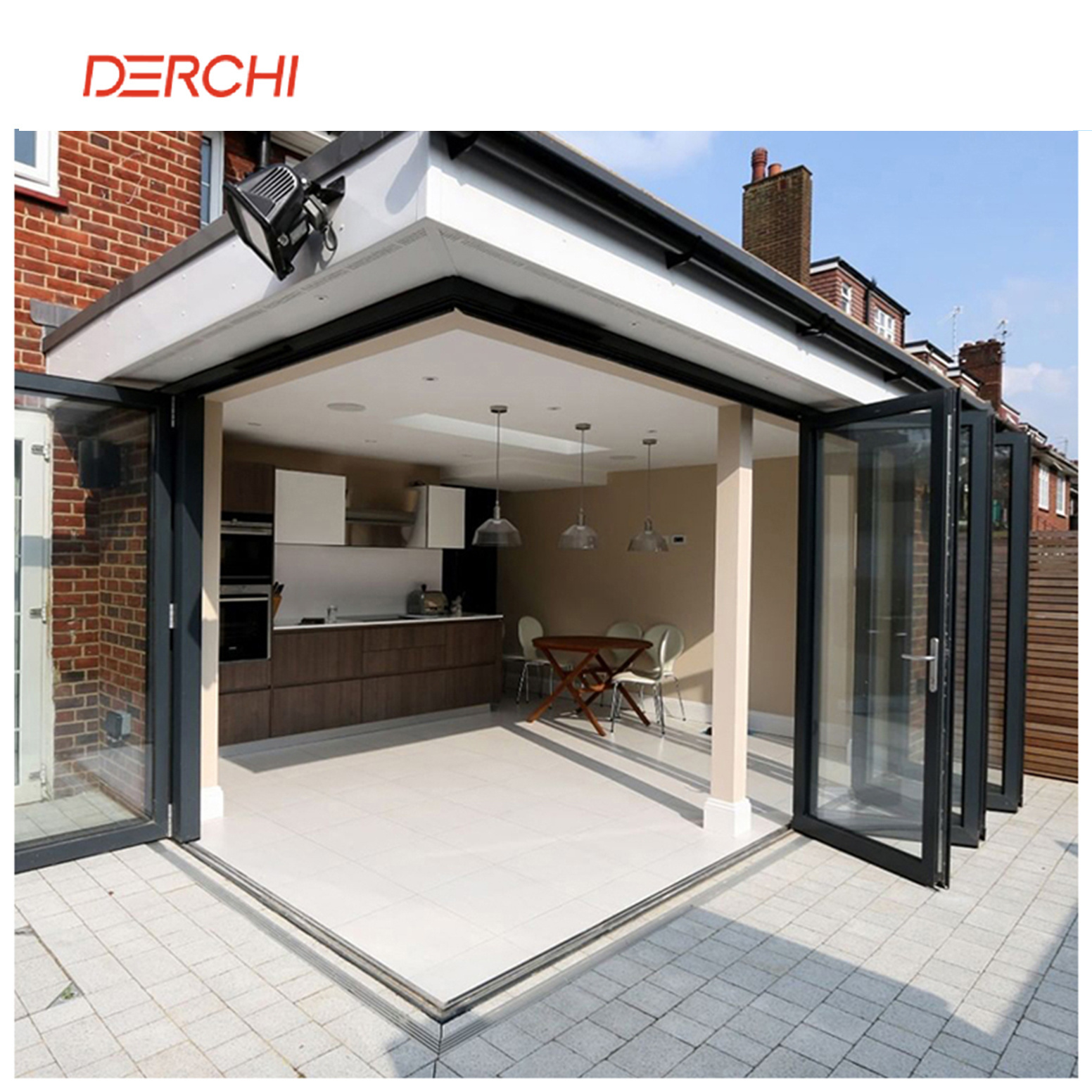 DERCHI Anti Impact Glass Curtain Stack Panoramic Accordion Bifold Door Aluminum Frameless Sliding Luxury Folding Patio Door