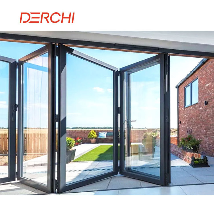 DERCHI Anti Impact Glass Curtain Stack Panoramic Accordion Bifold Door Aluminum Frameless Sliding Luxury Folding Patio Door