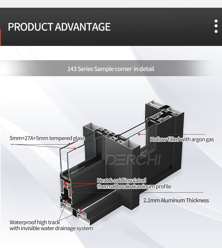 DERCHI NFRC Hurricane-proof and water-proof exterior aluminum glass sliding door energy efficient sliding door