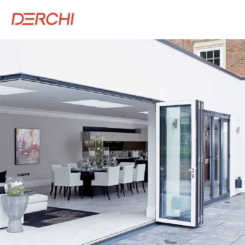 DERCHI Anti Impact Glass Curtain Stack Panoramic Accordion Bifold Door Aluminum Frameless Sliding Luxury Folding Patio Door