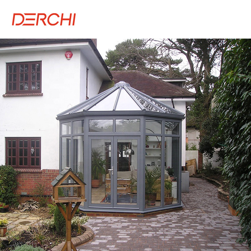 Customized construction slant roof all glass sunroom prefab veranda sun room greenhouse for sales