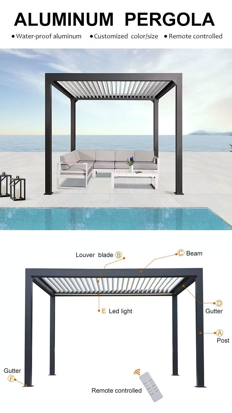 Outdoor garden patio gazebo aluminum adjustable waterproof louvered roof motorized bioclimatic pergola