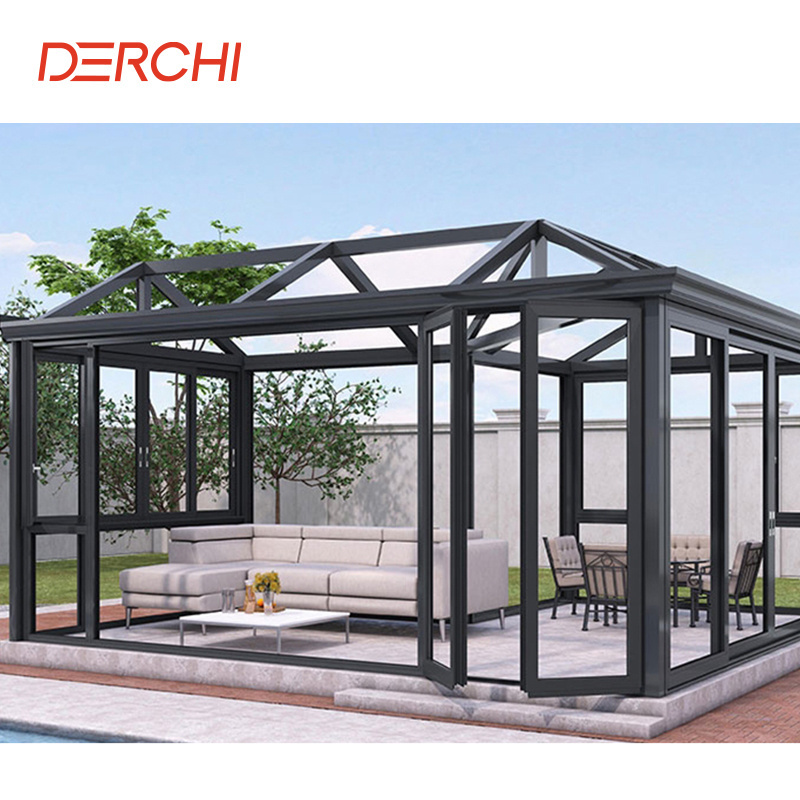 Customized construction slant roof all glass sunroom prefab veranda sun room greenhouse for sales