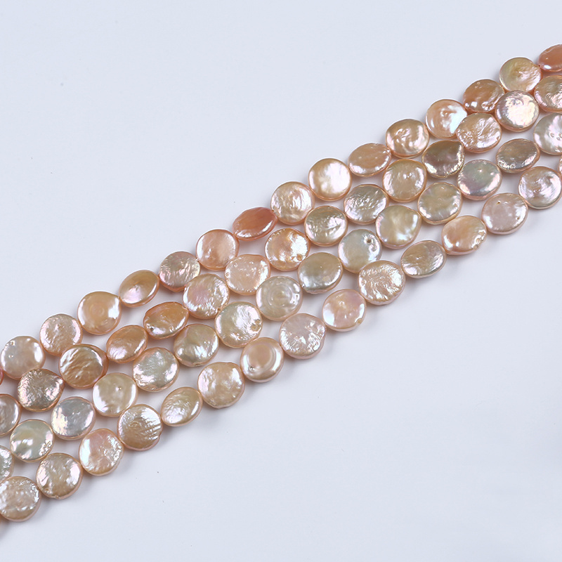 13-14mm Cultured Pink Natural Coin Loose Beads Freshwater Pearl Strand For jewelry making