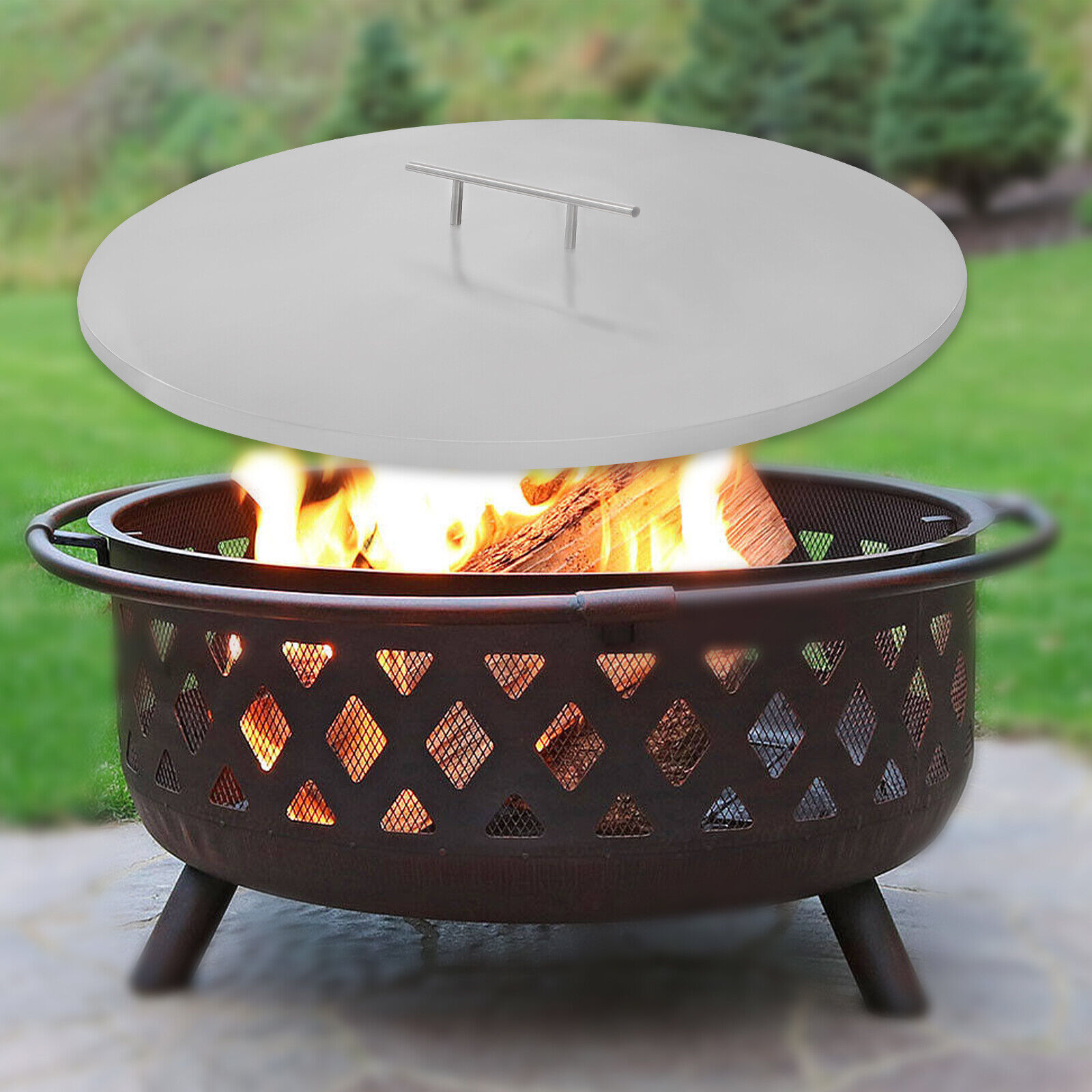 Fire Pit Lid Round 22 Inch Fire Pit Ring Snuff Cover Stainless Steel w/Handle US Condition: New