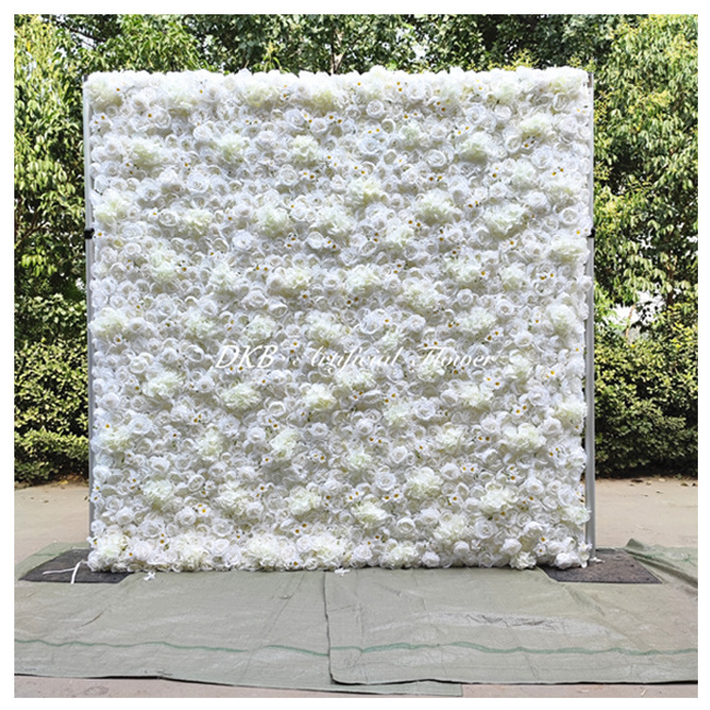 DKB 2024 Hot sale 3D Silk Wedding Artificial Flower Wall Backdrop Curtain Decoration Backdrop Roll Up White Rose Flower Wall