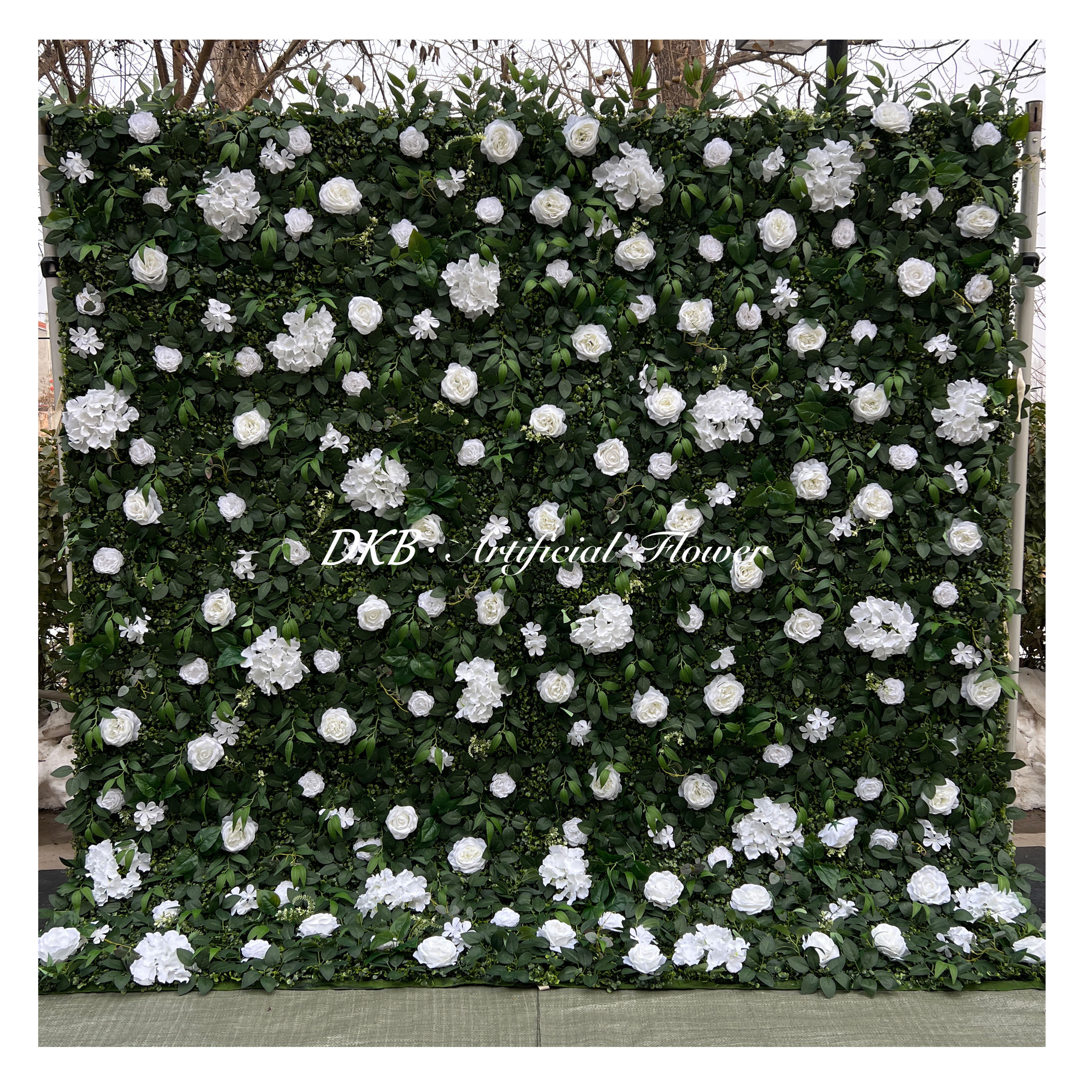 DKB Artificial Flowers economic wholesale 3d wedding party 8ft x 8ft white flower green wall for wedding decor