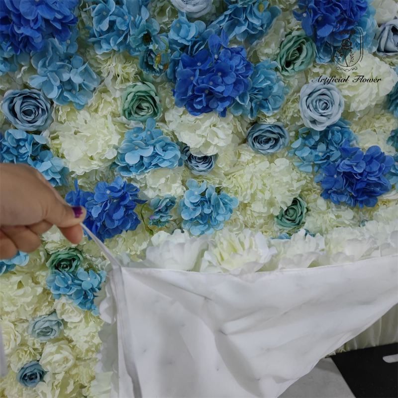 HQ037 New style Blue Wedding decoration roll up fabric artificial flower backdrop cloth curtain panels flower wall backdrop